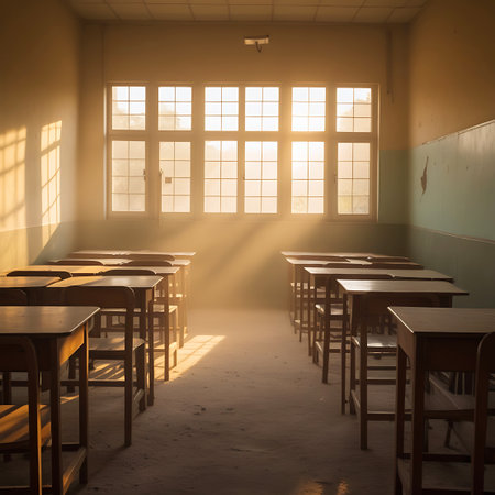 An empty classroom is filled with warm, diffused sunlight streaming through a large, multi-paned window. The light creates visible rays and illuminates dust particles, casting a soft glow on the rows of wooden desks and chairs. The scene has a tranquil, slightly nostalgic feel, highlighting the interplay of light and shadow in an academic setting.の素材