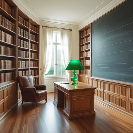 An elegant library office is lined with tall wooden bookshelves overflowing with books. A sturdy wooden desk is positioned near a window with flowing curtains, illuminated by a bright green desk lamp. The polished wooden floor reflects the natural light.の素材