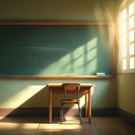 An empty classroom features a single wooden desk and chair positioned in front of a green chalkboard. Sunlight streams through a large window on the right, casting distinct shadows across the floor and illuminating the scene with warm light. The chalkboard has faint chalk marks, and a small stack of books rests on the ledge.の素材
