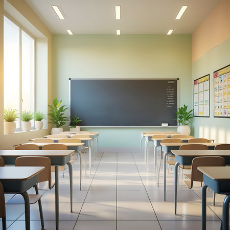 An empty classroom bathed in natural sunlight streaming through large windows. Rows of student desks and chairs are neatly arranged facing a dark blackboard. Potted plants are placed strategically, adding a touch of life to the clean and orderly educational space. The scene conveys a sense of readiness for learning.の素材