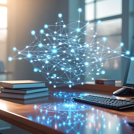 A futuristic digital network visualization composed of glowing blue nodes and interconnected lines hovers above a wooden desk. On the desk, a keyboard and a stack of books are visible, suggesting a blend of physical and digital information. The visualization emanates a bright, luminous glow, creating a sense of advanced technology and data flow.の素材