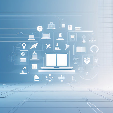 A central laptop screen with two white panels is surrounded by a dense arrangement of white digital icons. These icons represent various concepts like security, travel, learning, and communication, all interconnected by a faint network of lines against a blue and white abstract background.の素材