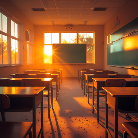 An empty classroom is illuminated by the warm, golden light of a sunset streaming through the windows. Rows of wooden desks and chairs are neatly arranged, casting long shadows across the floor. The sunbeams create a dramatic and atmospheric scene, highlighting the quiet and serene environment of the learning space.の素材