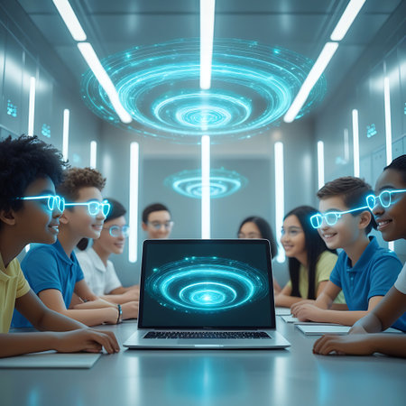 A group of diverse children, boys and girls, are seated around a table in a futuristic classroom setting. They are all wearing glowing blue virtual reality goggles, looking engaged and excited. A laptop in the center displays a swirling blue digital pattern. The room is illuminated by bright, linear lights and features circular holographic projections in the ceiling, suggesting an advanced, technology-driven educational environment focused on immersive learning.の素材