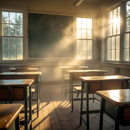 An empty classroom bathed in warm sunlight streaming through large, multi-paned windows. Dust motes dance in the visible sunbeams, illuminating rows of wooden desks and chairs. A dark blackboard hangs on the wall, and the wooden floor shows the patterns of light and shadow. The scene evokes a sense of quiet nostalgia and the passage of time.の素材