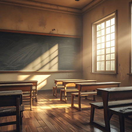 An empty classroom with rows of old-fashioned wooden desks and benches. Sunlight streams through a large window, illuminating the polished wooden floor with distinct light beams and casting long shadows. The chalkboard on the wall is blank, adding to the quiet and serene atmosphere of the vacant learning space.の素材