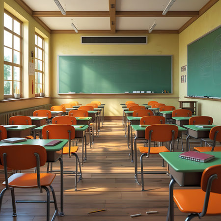 An empty classroom interior with rows of orange chairs and green desks. Sunlight streams through large windows, casting shadows on the wooden floor. A large green blackboard spans the front wall, with smaller chalkboards on the side. The room is bright and appears ready for students.の素材