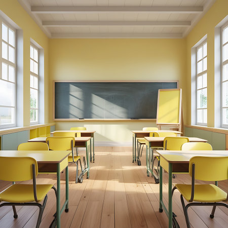 An empty classroom interior with rows of desks and vibrant yellow chairs. Sunlight streams through the large windows on either side, casting warm light and shadows on the polished wooden floor. A green chalkboard is on the back wall, with a yellow easel and whiteboard to the side. The room is clean, bright, and ready for learning.の素材