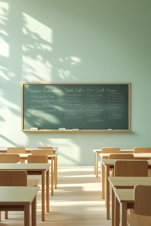 Education showing empty classroom with sunlight and shadows on blackboard. High resolution image suitable for commercial use. Clear details and vibrant colors enhance visual appeal.の素材