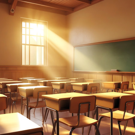 An empty classroom bathed in warm sunlight streaming through a large window. Rays of light create distinct patterns on the wooden floor and illuminate rows of empty desks and chairs. A green chalkboard is visible on the wall, ready for lessons. The scene evokes a sense of quiet anticipation and the peaceful atmosphere of a school day.の素材