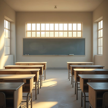 An empty classroom interior with rows of wooden desks facing a large chalkboard. Sunlight streams through the windows, casting long shadows across the floor and desks. The room is clean and well-lit, creating a serene and traditional educational atmosphere.の素材