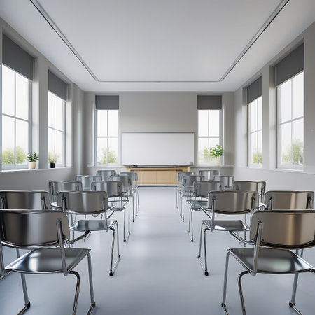 An empty classroom is presented with multiple rows of chairs facing a whiteboard. Natural light illuminates the room through large windows on both sides, which are equipped with blinds. The interior is minimalist and clean, suggesting a space designed for focused learning or presentations.の素材