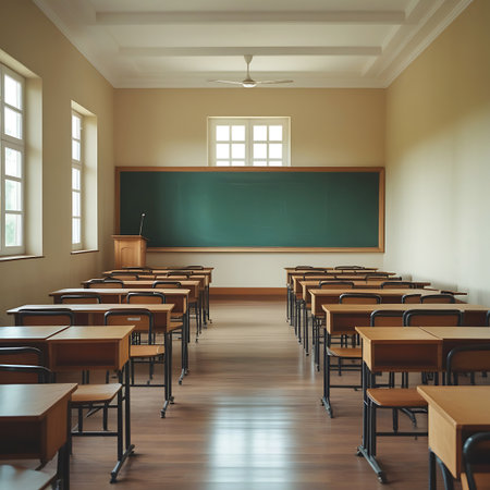 An empty classroom is filled with rows of wooden desks and chairs. A large green chalkboard is centered on the back wall. Natural light enters through windows on the left, and a patterned window is visible on the back wall. A ceiling fan is mounted overhead. The wooden floor is polished and reflects the light.の素材