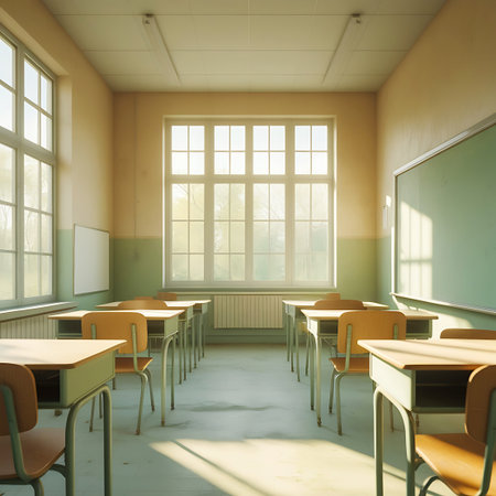 An empty classroom bathed in bright sunlight streaming through large, multi-paned windows. Rows of wooden desks and chairs are neatly arranged, facing a green chalkboard and a whiteboard. The natural light creates long shadows across the floor, highlighting the clean and orderly academic setting.の素材