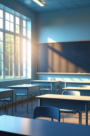 An empty classroom bathed in warm sunlight streaming through a large, multi-paned window. Rows of desks and chairs are neatly arranged, casting long shadows. A dark blackboard hangs on the wall, reflecting the light. The scene evokes a sense of quiet anticipation and the start of a new day of learning.の素材