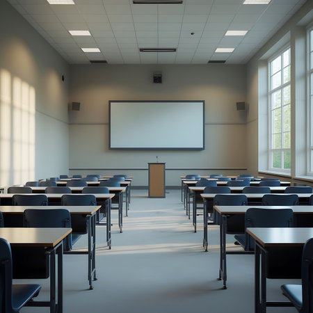 An empty modern classroom is depicted with rows of desks and chairs facing a large projector screen mounted on the wall. Natural light streams in from tall windows on the right side of the room, casting shadows across the floor. The ceiling features fluorescent lighting panels. A wooden podium stands at the front of the room.の素材
