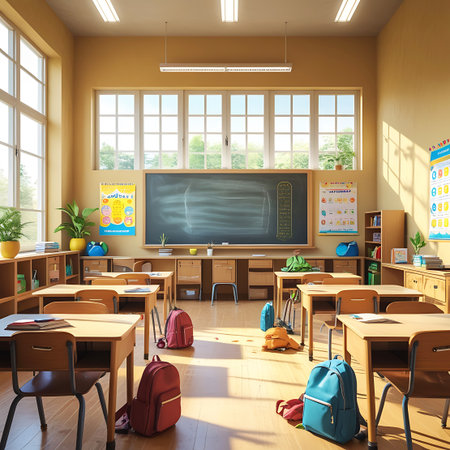 An empty elementary school classroom filled with natural light from large, multi-paned windows. Wooden desks and chairs are set up, with various colorful backpacks scattered around. Educational posters and plants decorate the walls, and a prominent blackboard is at the front. The scene suggests a break or the end of a school day, with an atmosphere of readiness for learning.の素材