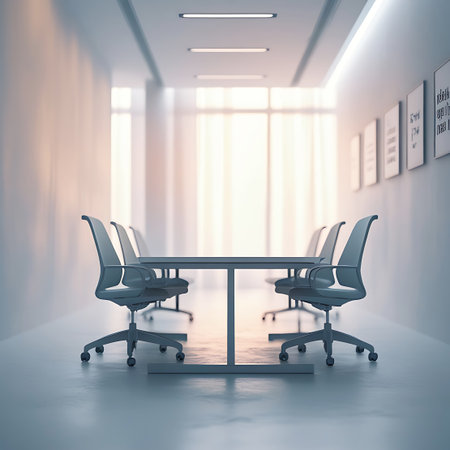 An empty modern conference room with a long table and chairs arranged around it. The room is brightly lit by natural light filtering through a large window at the end of the space. The minimalist design and clean lines create a professional and serene environment for meetings.の素材