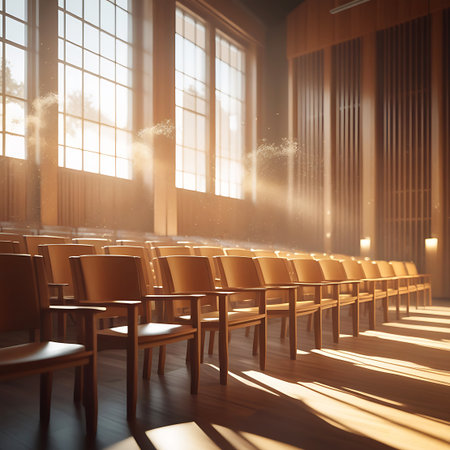 Rows of empty wooden chairs are arranged in an auditorium or lecture hall. Strong sunlight streams through large, multi-paned windows, casting long shadows across the polished wooden floor and illuminating dust motes dancing in the air. The warm, golden light creates an atmospheric and serene ambiance in the vacant space.の素材