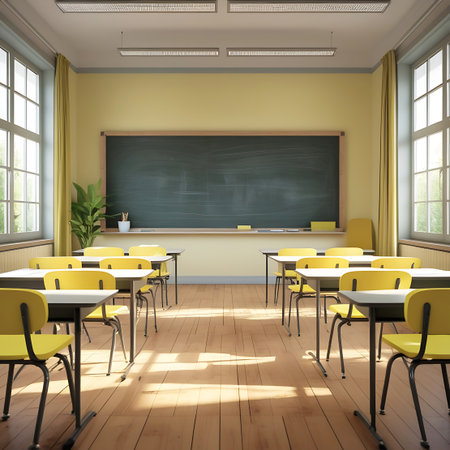 An empty schoolroom interior with rows of desks and bright yellow chairs. A large green chalkboard is mounted on the back wall, flanked by windows with yellow curtains. Natural light streams in from the windows, creating patterns on the wooden floor. A potted plant adds a touch of green to the scene.の素材