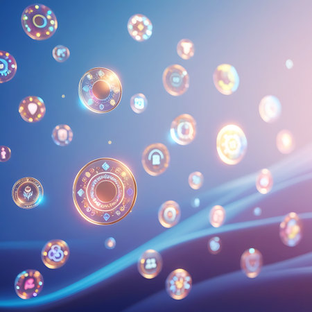 Numerous translucent bubbles and circular digital icons float in an abstract, softly lit space. The icons feature intricate designs and glowing symbols, suggesting various technological or conceptual meanings. The background is a smooth gradient of blues and pinks, with flowing light streaks that add a sense of depth and movement. The overall aesthetic is ethereal and futuristic, with a focus on light, color, and abstract forms.の素材