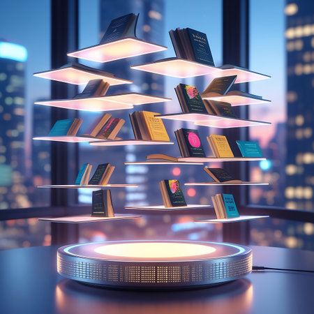 Several thin, illuminated shelves appear to float in mid-air, each holding a selection of books. The scene is set against a blurred backdrop of a city skyline seen through a window, creating a sense of advanced technology and accessible knowledge.の素材