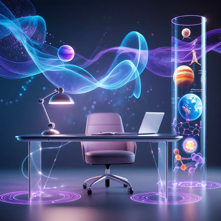 A modern desk with a laptop and an open book is situated in a futuristic setting. A comfortable office chair is placed behind the desk. The background features glowing cylindrical displays showcasing planets, molecular structures, and swirling cosmic nebulae in vibrant purple and blue hues, symbolizing advanced scientific exploration.の素材
