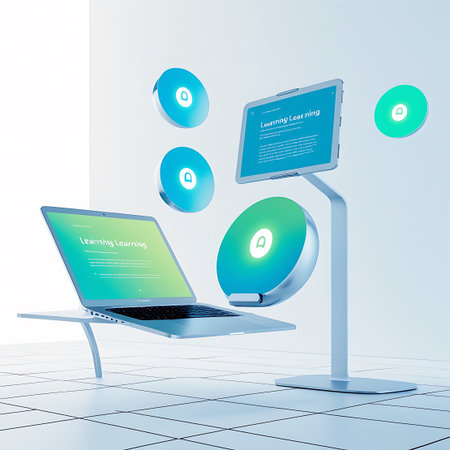 A laptop and a tablet on a futuristic stand are depicted in a clean, bright environment. The laptop screen and tablet screen both show "Learning" and text. Several circular, glowing elements with abstract symbols and gradients of blue and green float in the air around the devices. One large circular element is attached to the tablet stand. The image highlights digital learning and interactive technology.の素材