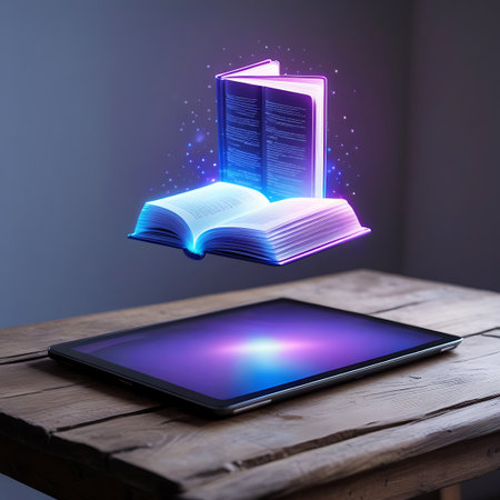 A luminous open book hologram, glowing with blue and purple light and surrounded by subtle sparkles, hovers above a tablet computer on a textured wooden surface. The tablet screen reflects a bright, colorful light. The background is a soft, diffused gradient.の素材