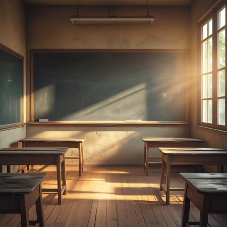 An empty vintage classroom bathed in warm sunbeams streaming through a large window. Wooden desks are arranged in rows on a polished wooden floor. A large blackboard hangs on the wall, with faint chalk marks visible. The atmosphere is quiet and nostalgic, evoking a sense of traditional learning.の素材