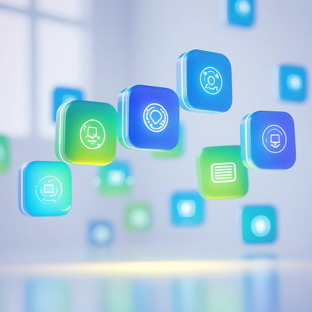 A group of 3D rendered rounded square icons with glowing line art symbols are floating in a soft, bright environment. The icons display various symbols like a computer, a network, a document, and a user profile, rendered in blue, green, and yellow gradients. Some icons are in focus, while others are blurred in the background.の素材