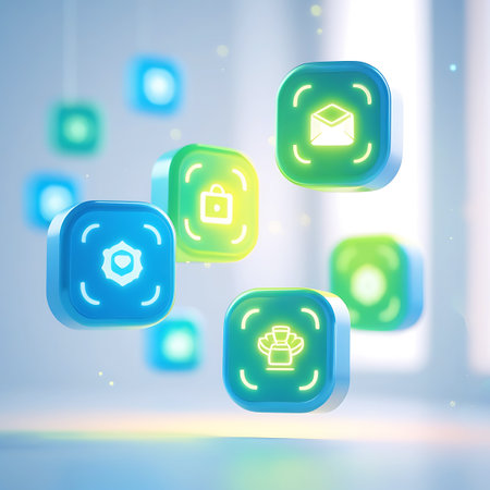 Several 3D rendered square icons with rounded corners are floating in a bright, airy space. Each icon features a neon-glowing line art symbol, such as an envelope, a briefcase, a user profile, and a shield, in vibrant blue, green, and yellow hues. The icons are arranged in a dynamic cluster against a softly lit background with bokeh effects.の素材