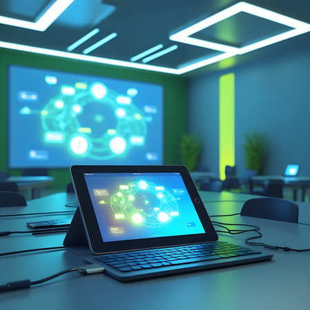 A contemporary classroom with a tablet displaying a complex digital network on its screen. A large projection screen in the background mirrors similar abstract digital patterns. The room is lit with vibrant blue and green hues, emphasizing a high-tech educational space with interactive technology.の素材