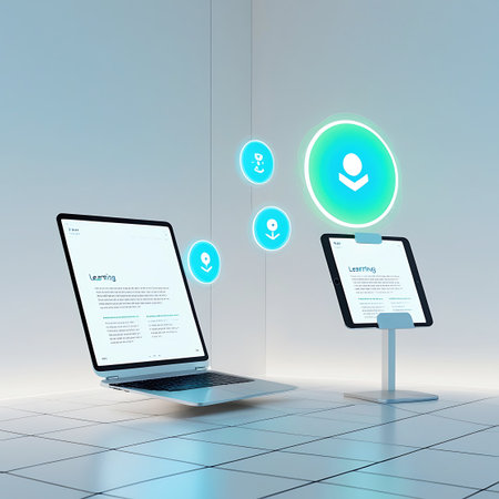 A sleek laptop and a tablet on a modern stand are shown in a bright, minimalist setting. The laptop screen and the tablet screen both display the word "Learning" and text. Several circular, glowing blue icons with abstract symbols float in the air around the devices. The composition emphasizes digital learning, online education, and interactive technology in a futuristic context.の素材