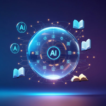 A glowing blue sphere representing artificial intelligence is at the center of a complex network of circuits and data points. Several open books float around the sphere, symbolizing knowledge and learning. The background is a dark gradient with glowing lines and dots, creating a futuristic and technological atmosphere.の素材