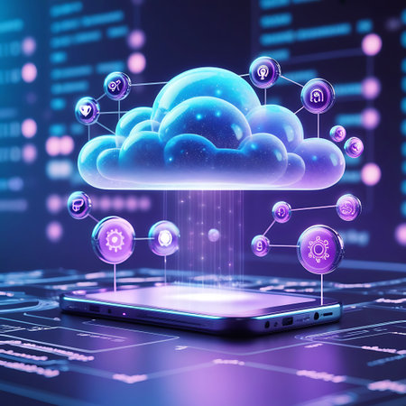A glowing, translucent cloud hovers above a modern smartphone, with streams of light connecting them. The cloud is surrounded by interconnected digital icons representing various data and network functions. The background features blurred lines of code and digital patterns, creating a futuristic and high-tech atmosphere. The overall color palette is dominated by vibrant purples and blues, emphasizing the digital and abstract nature of cloud computing and data exchange.の素材