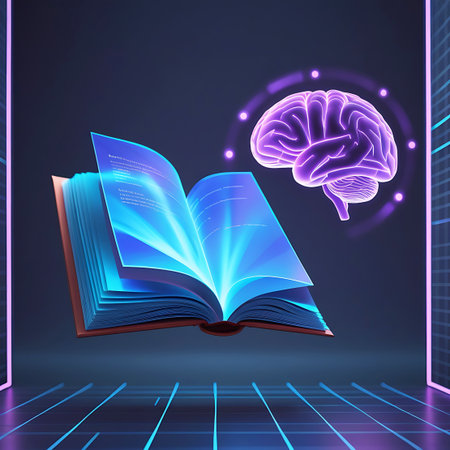 A luminous open book floats in a digital environment, its pages radiating vibrant blue and purple light. To the right, a glowing purple outline of a human brain is presented within a circular halo. The background is a dark, abstract digital space with a grid pattern and vertical neon light pillars. The overall imagery suggests themes of knowledge, intelligence, and digital learning.の素材