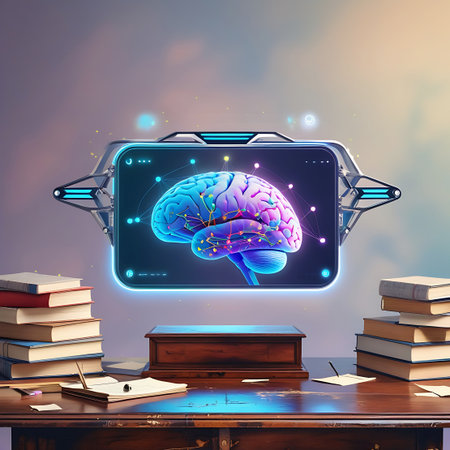A vibrant, glowing holographic projection of a human brain hovers above a wooden desk. The brain is depicted with intricate neural pathways highlighted by colorful lights. Surrounding the hologram are abstract light particles and a futuristic frame. On the desk, stacks of books and papers suggest a setting of study and research.の素材