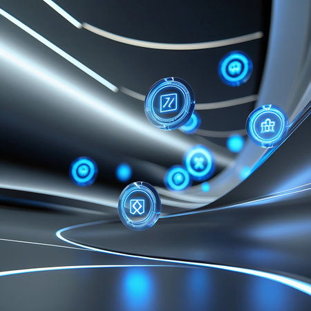 A collection of glowing blue digital icons with various symbols float in a dark, abstract, futuristic space. The icons are suspended in mid-air, some appearing as spheres with internal designs, others as flat squares with icons. The background features sleek, curved lines and surfaces with bright white and blue light accents, creating a sense of depth and movement. The overall aesthetic is modern and technologically advanced.の素材