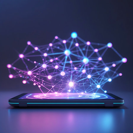 A futuristic digital network of glowing nodes and connecting lines emanates from the screen of a smartphone. The network is rendered in vibrant blue, pink, and purple hues, creating a sense of advanced technology and interconnectedness. The smartphone rests on a dark surface, with light reflecting from the screen and the digital display.の素材