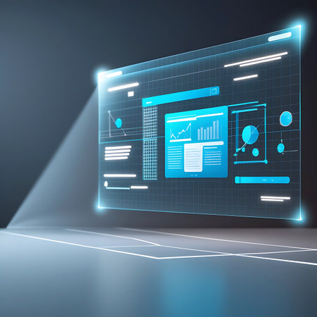 A large, transparent digital display presents a complex interface with a glowing blue grid. Various data visualizations, including bar charts and pie charts, are embedded within the interface. A beam of light emanates from the left, illuminating the screen and highlighting its futuristic and technological nature.の素材