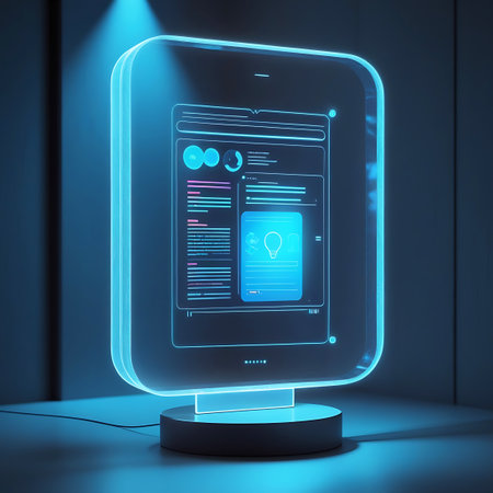 A futuristic, glowing blue holographic display stands on a dark circular base. The transparent screen shows a digital interface with charts, graphs, text, and an icon of a lightbulb. A beam of light shines down from above, illuminating the top of the display. The scene is set against a dark, out-of-focus background.の素材