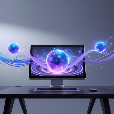 A sleek silver desktop computer sits on a dark wooden desk. The monitor displays a vibrant, abstract image of glowing purple and blue orbs surrounded by swirling energy streams and rings. Smaller glowing orbs float on either side of the screen, connected by luminous purple and blue waves. The background is a soft, gradient gray.の素材