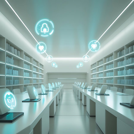 A futuristic digital library interior with rows of sleek white desks, each equipped with a glowing holographic interface. Above the desks, illuminated lines connect to various holographic icons representing concepts like security, health, and knowledge. The room is lined with floor-to-ceiling bookshelves, illuminated by soft, cool lighting, creating a serene and advanced learning environment.の素材