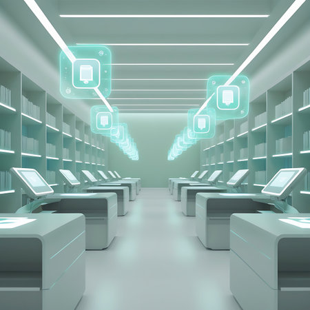 A futuristic interior resembling a digital library with rows of illuminated shelves filled with books. In the foreground, sleek white desks are equipped with screens. Above the desks, glowing turquoise icons representing data and information float in the air, connected by lines, suggesting a networked digital environment.の素材