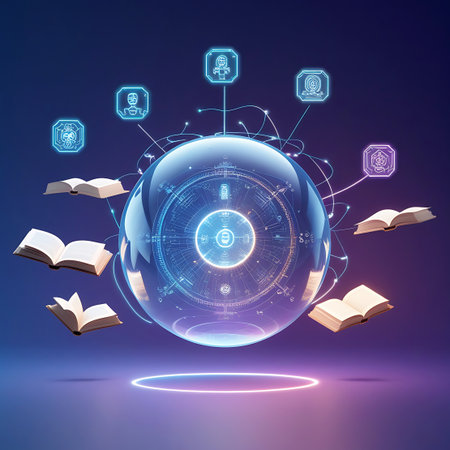 A large, transparent sphere with intricate internal circuitry and glowing blue lights is the focal point. Around it, several open books and abstract digital icons are arranged, connected by thin, glowing orange lines. The background is a deep purple-blue gradient, with a bright, circular light source on the surface below the sphere.の素材