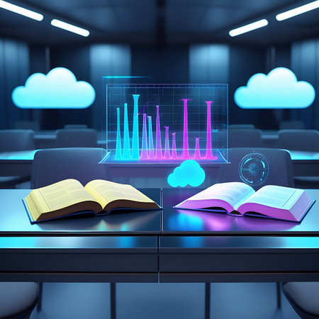 A futuristic conference room with holographic displays showing glowing blue and pink graphs and charts. Two open books rest on a sleek, dark table, illuminated by the ambient neon light. Stylized clouds float in the background, suggesting cloud computing or data storage. The scene evokes a sense of advanced learning and data analysis in a modern, high-tech environment.の素材