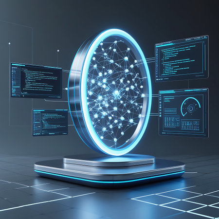 A futuristic digital network hub featuring a glowing blue orb at its center, surrounded by interconnected nodes. Several transparent screens display lines of code and data visualizations, floating around the central orb. The scene is set against a dark, grid-patterned background.の素材