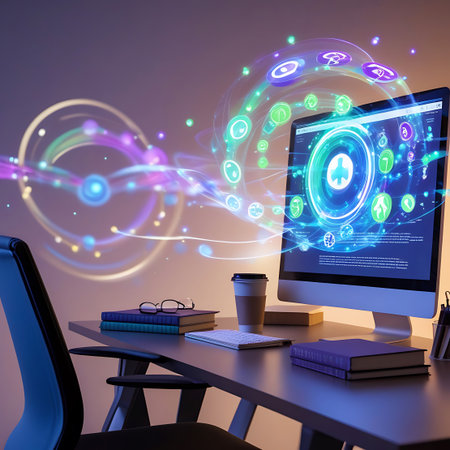 A futuristic desktop computer displays a vibrant interface with glowing icons and data visualizations. A colorful, abstract stream of light and particles emanates from the screen, forming a swirling network of interconnected nodes and symbols. The scene is set on a desk with books and glasses, suggesting a workspace where digital information is being processed and visualized.の素材