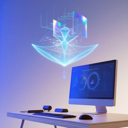 A futuristic digital blueprint hologram, rendered in glowing blue and purple light, floats above a modern computer workstation. The hologram displays intricate geometric structures and schematics. On the wooden desk, a sleek computer monitor shows a similar digital interface, alongside a keyboard, mouse, and other input devices. The background is a gradient of soft blue.の素材